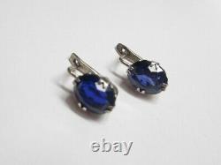 Vintage Soviet Women's Earrings Russian Sterling Silver 875 Sapphire Stone USSR