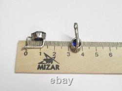 Vintage Soviet Women's Earrings Russian Sterling Silver 875 Sapphire Stone USSR