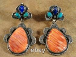 Vintage Spiny Oyster Turquoise Lapis & Sterling Silver Earrings