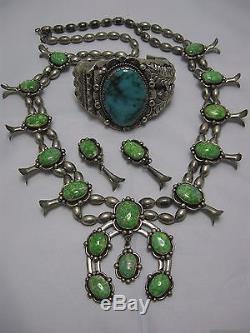 Vintage Squash Blossom Necklace & Earrings, Sterling & Rare Lime Green Turquoise