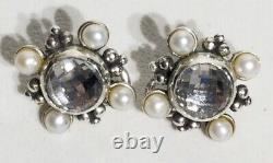 Vintage Stephen Dweck Sterling Silver Pearl & Faceted Quartz Clip On Earrings