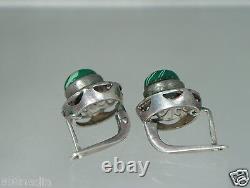 Vintage Sterling 925 Silver Open Work & Malachite Earrings European Clasp