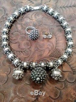 Vintage Sterling Estate Cannetille Mexico Necklace Ring Earring SET