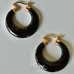 Vintage Sterling Gold Wash Onyx Hoop Earrings Chinese
