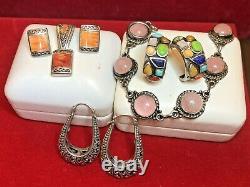 Vintage Sterling Jewelry Lot Southwestern Earrings Bracelet Pendant Gemstone