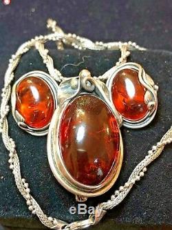 Vintage Sterling Natural Amber Necklace Pendant Pin & Earring Set Art Deco