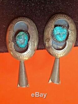 Vintage Sterling Old Pawn Native American Earrings Squash Blossom Turquoise