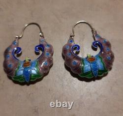 Vintage Sterling Puffy Enamel Butterfly Hoop Earrings