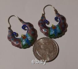 Vintage Sterling Puffy Enamel Butterfly Hoop Earrings