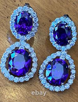 Vintage Sterling Purple Glass Rhinestones Dangle Drop Clip On Earrings Sparkly