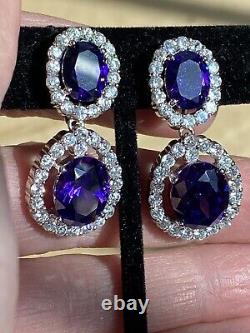 Vintage Sterling Purple Glass Rhinestones Dangle Drop Clip On Earrings Sparkly