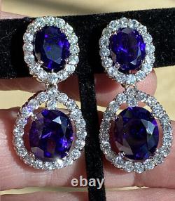 Vintage Sterling Purple Glass Rhinestones Dangle Drop Clip On Earrings Sparkly