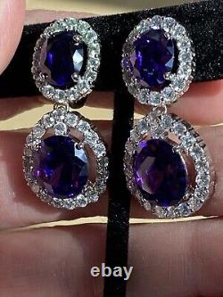 Vintage Sterling Purple Glass Rhinestones Dangle Drop Clip On Earrings Sparkly