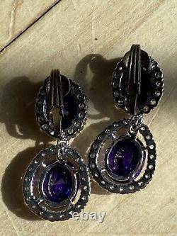 Vintage Sterling Purple Glass Rhinestones Dangle Drop Clip On Earrings Sparkly