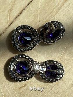 Vintage Sterling Purple Glass Rhinestones Dangle Drop Clip On Earrings Sparkly