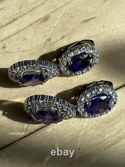 Vintage Sterling Purple Glass Rhinestones Dangle Drop Clip On Earrings Sparkly