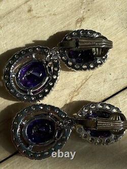 Vintage Sterling Purple Glass Rhinestones Dangle Drop Clip On Earrings Sparkly