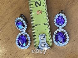 Vintage Sterling Purple Glass Rhinestones Dangle Drop Clip On Earrings Sparkly