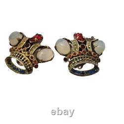 Vintage Sterling Rhinestone Moonstone Crown Earrings (A3669)