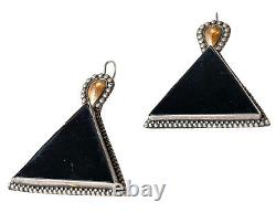 Vintage Sterling Silver & 14K Gold Earrings Onyx Triangle Drop
