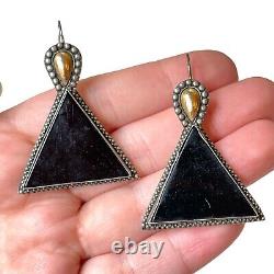 Vintage Sterling Silver & 14K Gold Earrings Onyx Triangle Drop