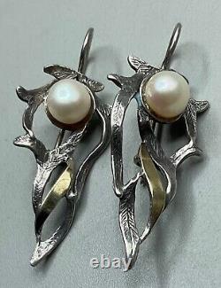 Vintage Sterling Silver 14k Gold With Natural Pearl Pierced Earrings