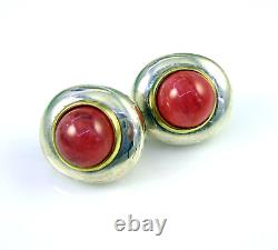 Vintage Sterling Silver 18k Yellow Gold Deep Pink Quartz Gem Pierced Earrings