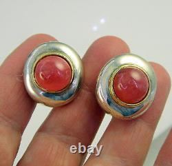 Vintage Sterling Silver 18k Yellow Gold Deep Pink Quartz Gem Pierced Earrings