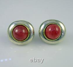 Vintage Sterling Silver 18k Yellow Gold Deep Pink Quartz Gem Pierced Earrings