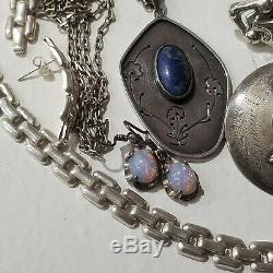 Vintage Sterling Silver 3 Pairs Opal Earrings Brooch 2 Lapis Necklace Lot