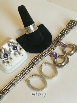 Vintage Sterling Silver 925 1 Bracelet 3 Amethyst Pierced Earrings Ring 9 Lot