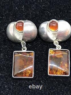 Vintage Sterling Silver 925 Amber Stones Very Unique Pierced Dangle Earrings