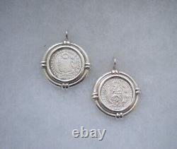 Vintage Sterling Silver 925 Antique 1866 1916 Peru Peruvian Coin Dangle Earrings