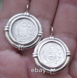 Vintage Sterling Silver 925 Antique 1866 1916 Peru Peruvian Coin Dangle Earrings