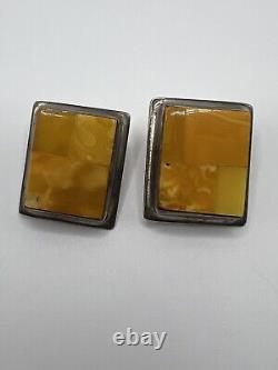 Vintage Sterling Silver 925 Baltic Butterscotch Egg Yolk Amber Clip EARRINGS