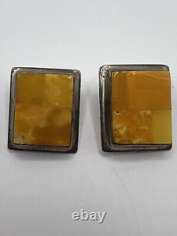 Vintage Sterling Silver 925 Baltic Butterscotch Egg Yolk Amber Clip EARRINGS