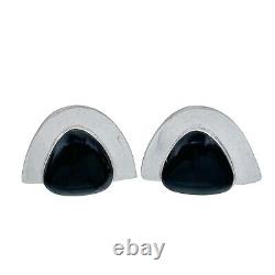 Vintage Sterling Silver 925 Black Onyx Modernist Clip-On Earrings