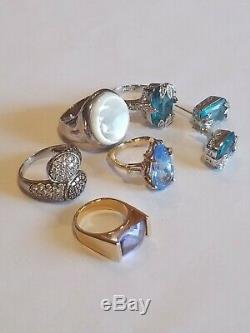 Vintage Sterling Silver 925 Blue Topaz Earrings 5 MOP CZ's Blue Topaz Rings Lot