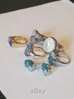 Vintage Sterling Silver 925 Blue Topaz Earrings 5 MOP CZ's Blue Topaz Rings Lot