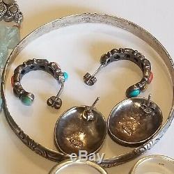 Vintage Sterling Silver 925 Earrings 4 Rings 3 Bracelets Garnet Cross Necklace