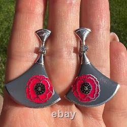 Vintage Sterling Silver 925 Enamel Poppies Women's Jewelry Stud Earrings Marked