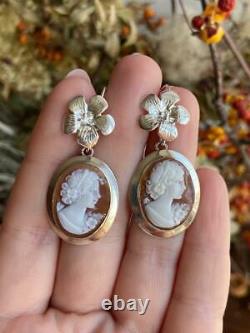 Vintage Sterling Silver 925 Hand Carved Woman's Jewelry Stud Ear Earrings Cameo