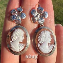 Vintage Sterling Silver 925 Hand Carved Woman's Jewelry Stud Earrings Cameo 5.8g