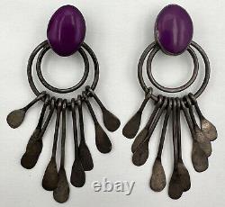Vintage Sterling Silver 925 Mexico Taxco Dangle Clip On Earrings Purple