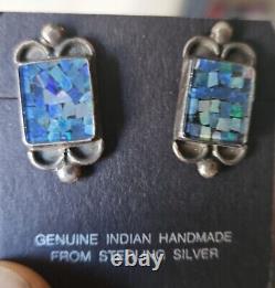 Vintage Sterling Silver 925 Mosaic Opal Stud Native American Earrings Blue Ridge