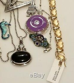 Vintage Sterling Silver 925 Onyx Enamel Garnet Jade Fossel Brooch necklace lot