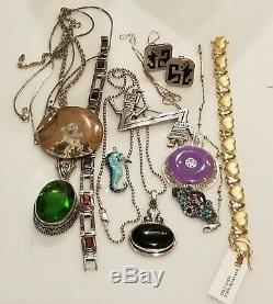 Vintage Sterling Silver 925 Onyx Enamel Garnet Jade Fossel Brooch necklace lot