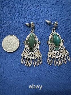 Vintage Sterling Silver 925 Ornate Jade Dangle Earrings, 2.5