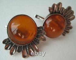 Vintage Sterling Silver 925 Women's Jewelry Earrings Amber Stone Stud Ear