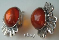 Vintage Sterling Silver 925 Women's Jewelry Earrings Amber Stone Stud Ear